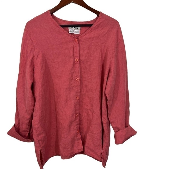 Flax Jacket Top 100% Linen Brick Red Button Up Long Sleeve - Picture 3 of 7